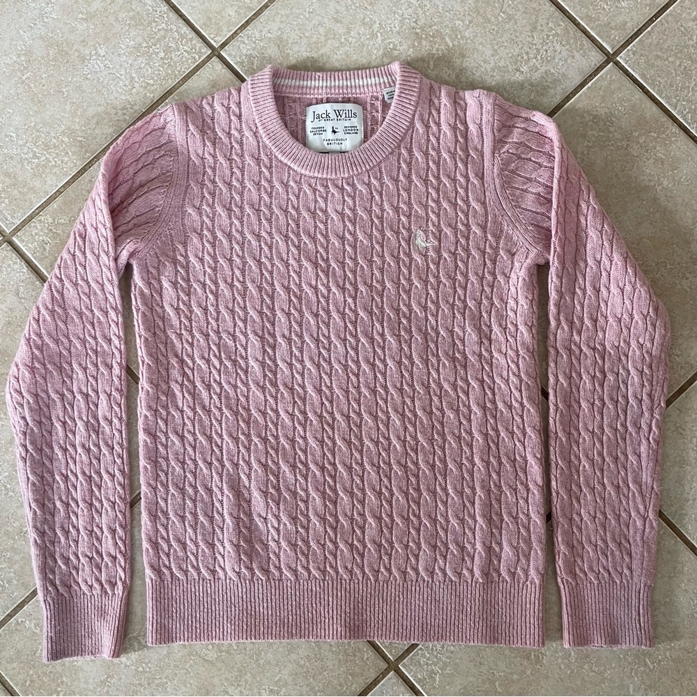 Jack Wills Women’s 100% Merino Wool Long Sleeve Cable Knit Jumper Size 6 M Pink